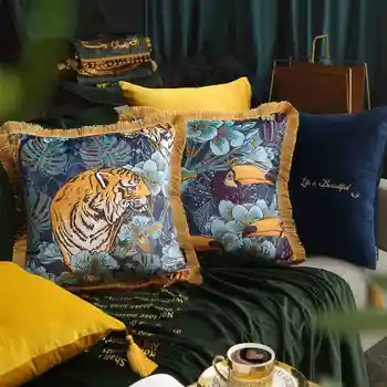 Американски луксозен калъф за възглавници с принтом тигър/птици, декоративни пискюл, жълто кадифе калъфка за възглавница, калъфки за възглавници, облегалка