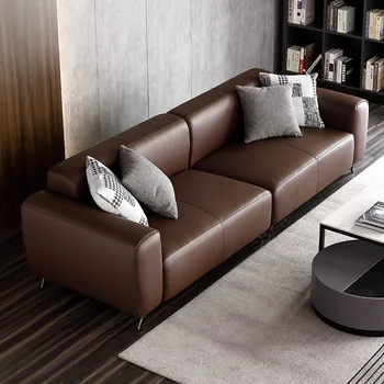 Италиански минималистичен кожен диван модерна просто малка семейна хол комбинация от Скандинавския Светлина лукс права редица, за трима души